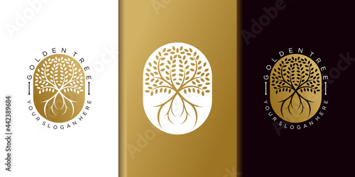 Minimalist Golden tree logo design template with modern concept premium vektor