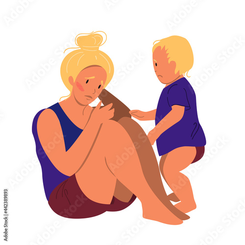 Sad mother sitting on the floor with her crying child. Postpartum depression concept. Colorful vector illustration in flat cartoon style.