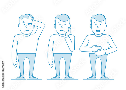 A man is suffering from pain. Headache, toothache, and abdominal pain.