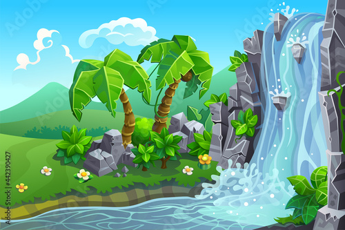 Vector landscape. Waterfall in the tropics.