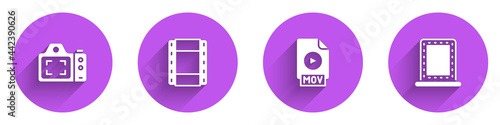Set Photo camera, Play Video, MOV file document and Makeup mirror with lights icon with long shadow. Vector