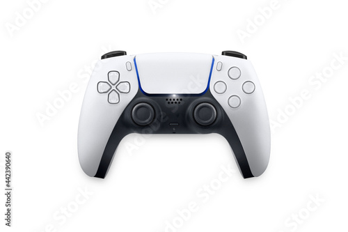 Next Generation white game controller isolated on white background. Top view.