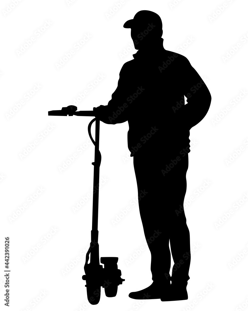 Young athlete on scooter for extreme stunts. Isolated silhouette on a white background