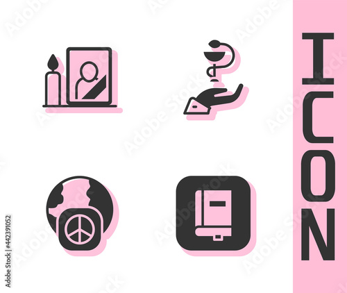 Set Law book, Mourning photo frame, International day of peace and Caduceus snake medical icon. Vector