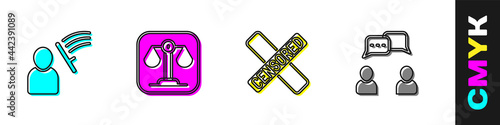 Set Police beat human, Scales of justice, Censored stamp and Speech bubble chat icon. Vector