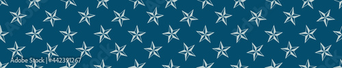 Coastal five pointed star drawn etching seamless border. Marine 2 tone seafaring printed background edge for interior textiles. Modern trendy maritime fashion. Sea life  design vector banner trim.
