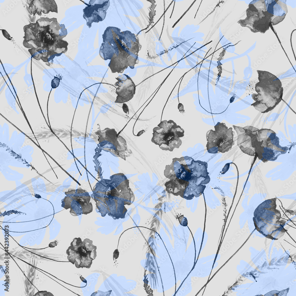 Naklejka premium Watercolor floral seamless pattern. Calendula, chamomile, poppy. Red poppy. Beautiful abstract background. For fabric, cover, packaging, material, scarf. Watercolor splash.Spikelet of wheat