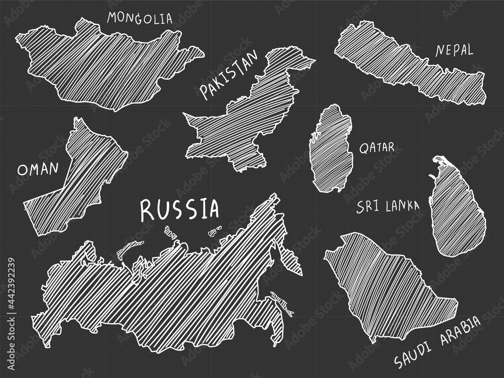 8 of asia map white line freehand sketch on black background. Stock ...