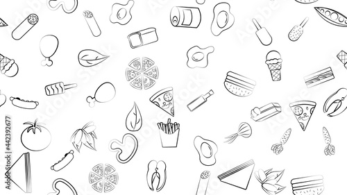 Black and white endless seamless pattern of food and snack items icons set for restaurant bar cafe: hot dog, ice cream, greens, chicken, fries, eggs, pizza, fish, canned food, eggs. The background