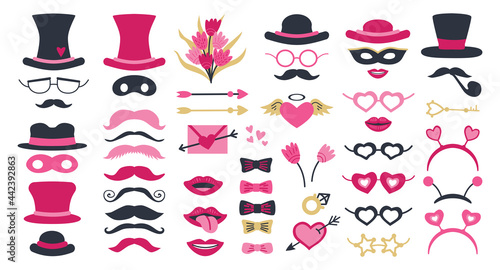 Cute Valentine Day photo booth props as set of party graphic elements of hearts, hats, mustaches, lips, costume as mask etc. Vector illustration. Vector illustration