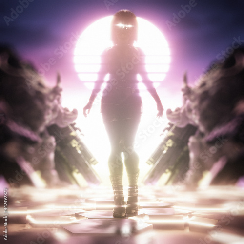 Tableau sur toile beautiful cyborg girl in a synth retro wave style sunset with reflections and so