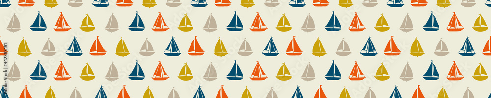 Coastal sail boat drawn seamless border pattern. Marine 2 tone seafaring sailing vessel printed background edge for interior textiles. Modern trendy maritime fashion  design vector banner trim.