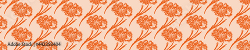 Coastal floral drawn etching seamless border. Marine 2 tone printed background edge for interior textiles and modern trendy maritime fashion. Flower motif  design vector banner trim.
