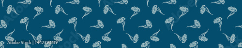 Coastal floral drawn etching seamless border. Marine 2 tone printed background edge for interior textiles and modern trendy maritime fashion. Flower motif  design vector banner trim.

