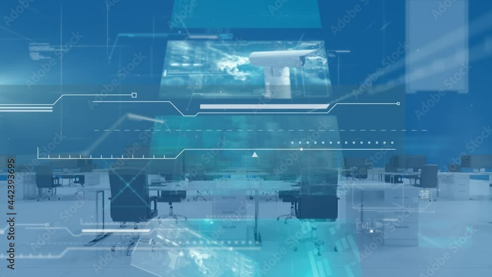 Animation of data processing on screens over empty office Animation of data processing on screens over empty office