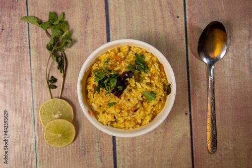 South indian tasty sambar rice with coriander