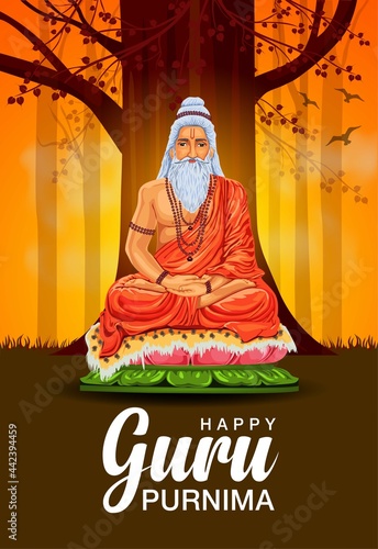 happy Guru Purnima vector illustration design. Guru sitting under Bodhi tree.