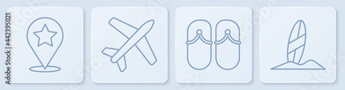 Set line Map pointer with star, Flip flops, Plane and Surfboard. White square button. Vector