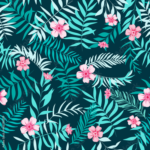 Seamless tropical leaves and pink flowers. Tropical background. Print for web  fabric and wrapping paper.