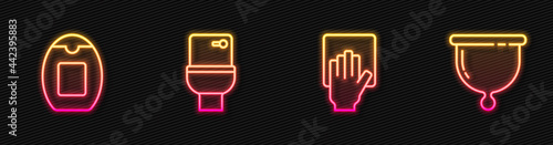 Set line Cleaning service, Bottle of shampoo, Toilet bowl and Menstrual cup. Glowing neon icon. Vector