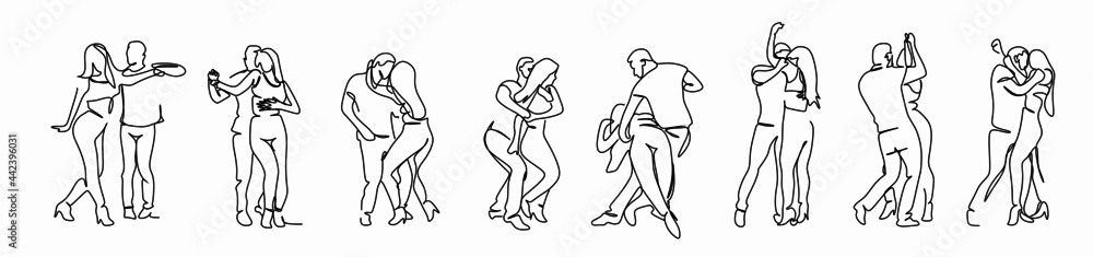 set of Latin American dances. An elegant couple dances salsa, bachata. Retro style. Linear drawing for printing T-shirts banners - obrazy, fototapety, plakaty 