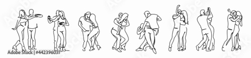 set of Latin American dances. An elegant couple dances salsa  bachata. Retro style. Linear drawing for printing T-shirts banners