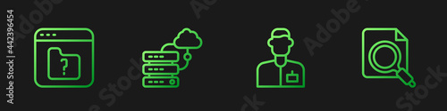 Set line Analyst engineer, File missing, Network cloud connection and Search concept with folder. Gradient color icons. Vector