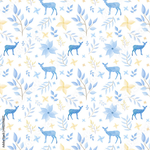 Watercolor blue pattern with flowers, leaves and deer