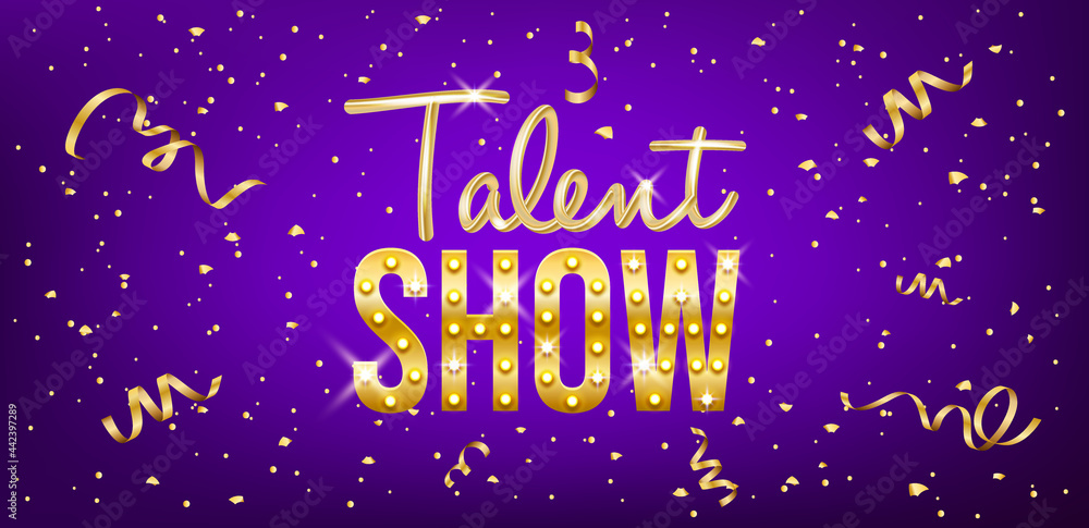 Talent show banner, poster, gold inscription on purple background