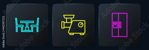 Set line Wooden table with chair, Refrigerator and Kitchen meat grinder. Black square button. Vector
