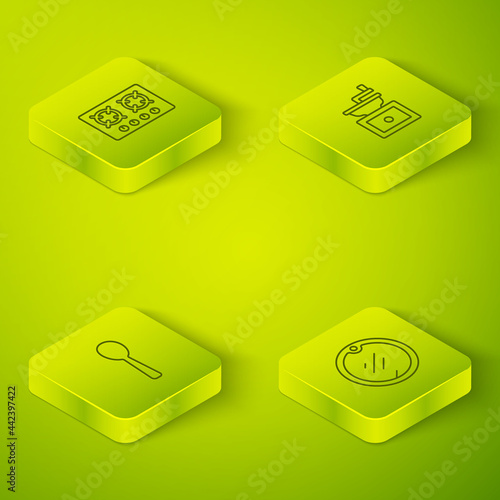 Set Isometric line Manual coffee grinder, Spoon, Cutting board and Gas stove icon. Vector