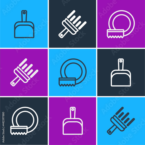 Set line Dustpan, Washing dishes and Rubber cleaner for windows icon. Vector