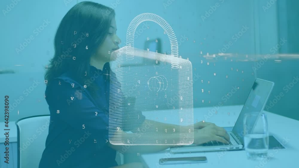 Animation of online security padlock with data processing over businesswoman using laptop Animation of online security padlock with data processing over businesswoman using laptop
