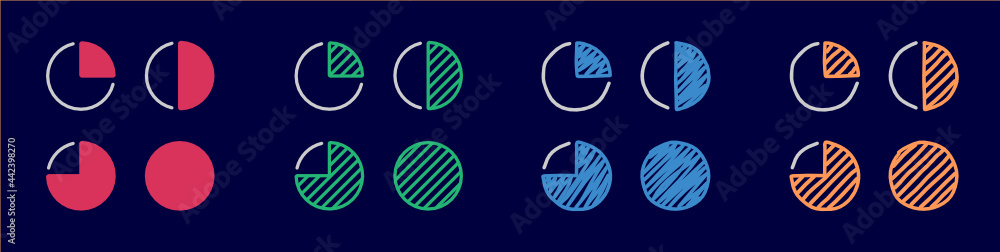 Quarters to show the progress of work on dark background, icon set