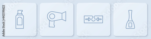 Set line Spray can for hairspray, Acne, Hair dryer and Nail polish bottle. White square button. Vector