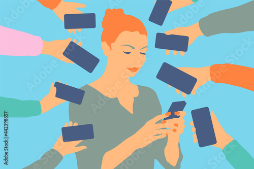 Mobile networking social media followers and fame or mobile application concept. Girl holding smartphone. Hands holding smartphones. Social media, networking. 