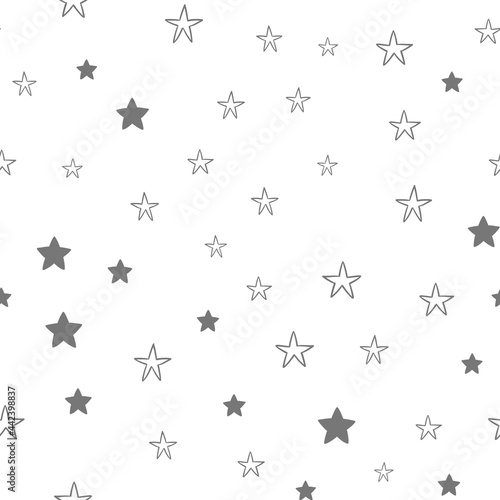 Star doodles seamless pattern. Hand drawn stars illustrations, background texture. Monochromatic.