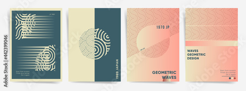 Gradient halftone geometric template poster set. Monochrome gradient blend retro design for web art, poster, brochure, identity, report, presentation. Retro 70s gradient vector backdrop and wavy lines