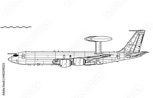 Sentry AEW1. Boeing E-3D. Vector drawing of airborne early warning and control aircraft. Side view. Image for illustration and infographics. photo