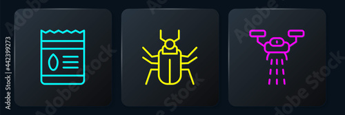 Set line Pack full of seeds of plant, Smart farm with drone and Insect fly. Black square button. Vector