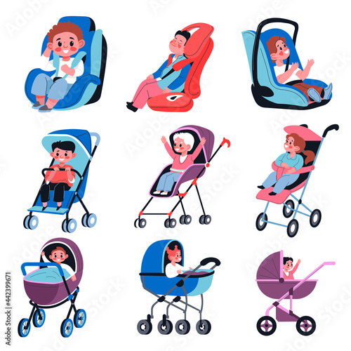 Babies in perambulators and children car seats photo