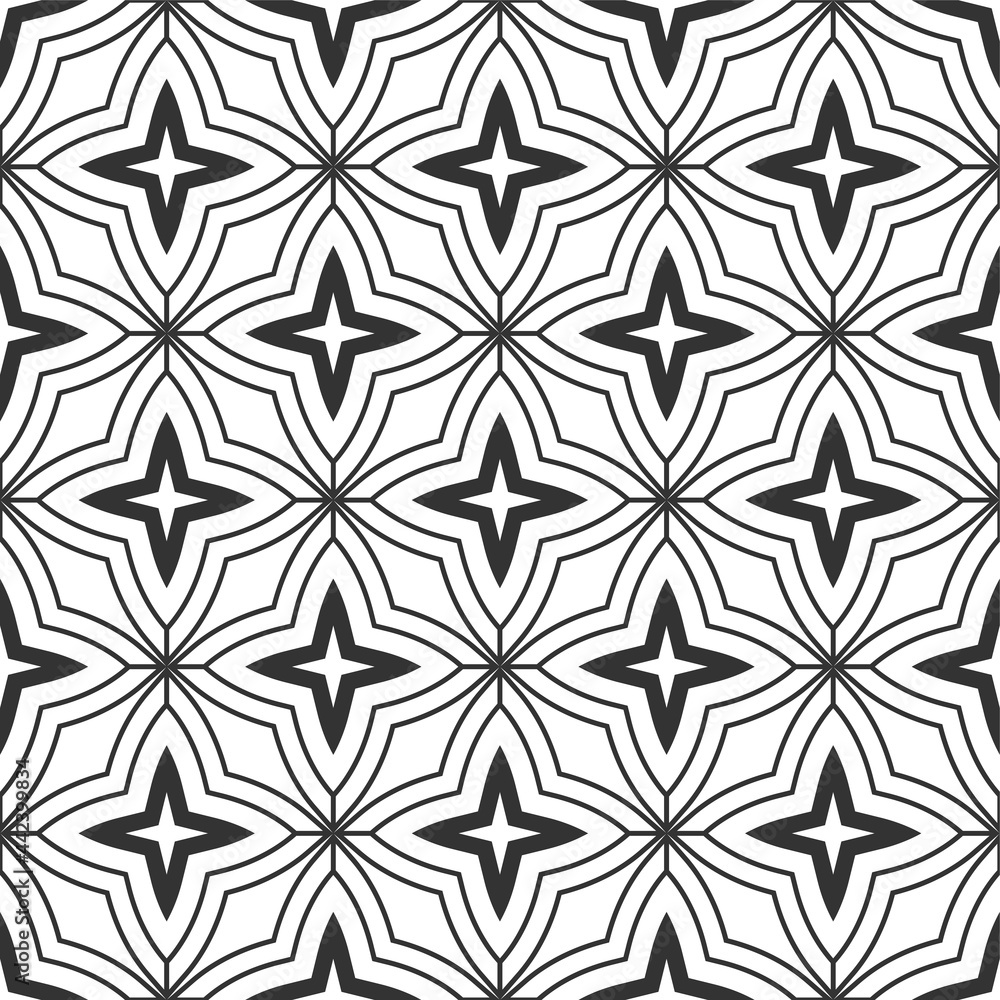 Fototapeta premium Abstract vintage geometric seamless pattern. Geometric lattice. Four pointed stars ornament. Vector black and white background.