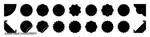 Sale sticker black label collection. Blank price tag and ribbon sign set. Isolated shopping offer adhesive icon on white background. Promotionnal badges. Vector illustration.
