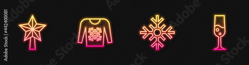 Set line Snowflake, Christmas star, sweater and Glass of champagne. Glowing neon icon. Vector