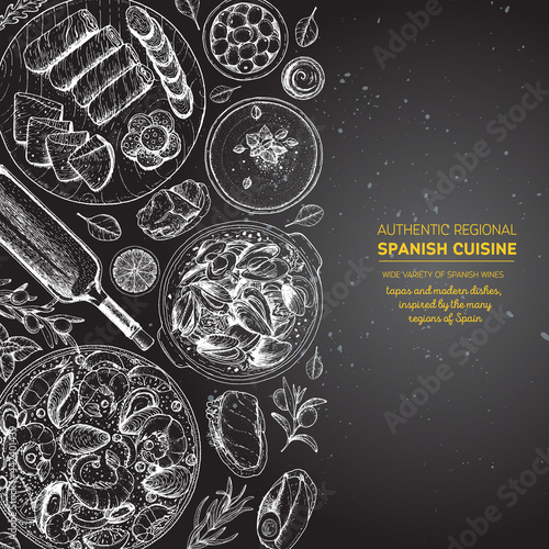 Spanish cuisine top view frame. A set of spanish dishes with croquetas, bocadillo, paella, gaspacho, tapas. Food menu design template. Vintage hand drawn sketch vector illustration. Engraved image.