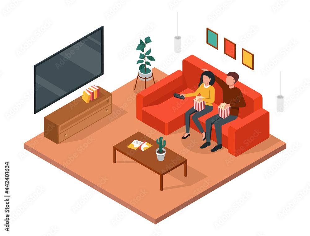 Couple watching tv. Man and woman sitting together on sofa, enjoying movie, relaxing at home. Living room interior 3d isometric vector concept. Husband and wife having rest, entertainment Couple watching tv. Man and woman sitting together on sofa, enjoying movie, relaxing at home. Living room interior 3d isometric vector concept. Husband and wife having rest, entertainment