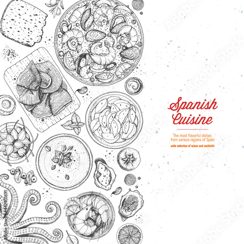 Spanish cuisine top view frame. A set of spanish dishes with paella, gaspacho, patatas bravas, hamon, tapas . Food menu design template. Vintage hand drawn sketch vector illustration. Engraved image