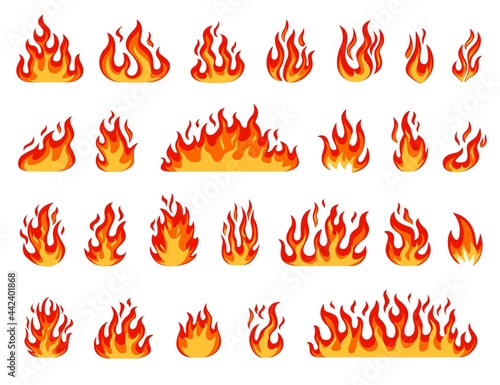 Cartoon flame. Bonfire flames, fireballs, burning candle or torch flame, blazing fire. Comic red or orange hot flaming fires effect vector set. Dangerous heat, flammable wildfire objects