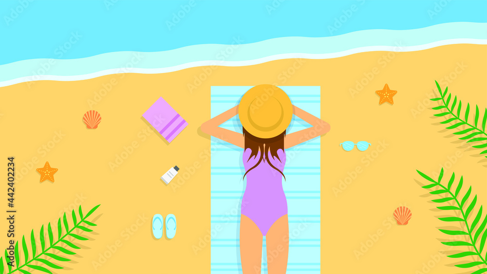 Abstract Flat WoMan Sunbathes On The Beach With Hat Slipper Towel Cartoon People Character Concept Illustration Vector Design Style Water Relax Vacation Sand Branch Palm Abstract Flat WoMan Sunbathes On The Beach With Hat Slipper Towel Cartoon People Character Concept Illustration Vector Design Style Water Relax Vacation Sand Branch Palm