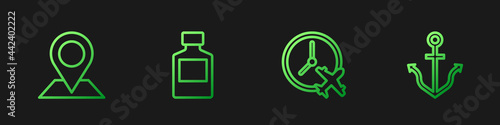 Set line Clock with airplane, Location, Whiskey bottle and Anchor. Gradient color icons. Vector